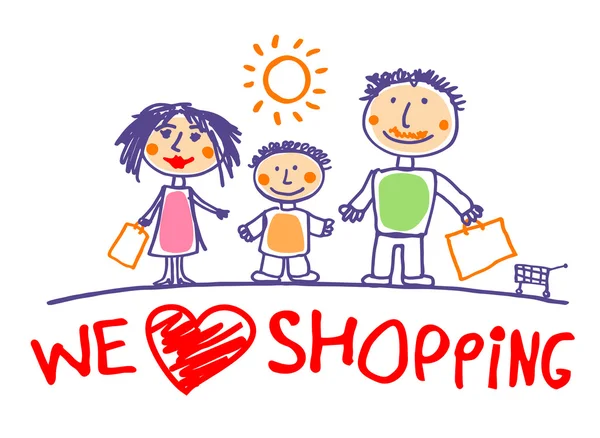 Vi älskar shopping illustration med familj. Vektorgrafik