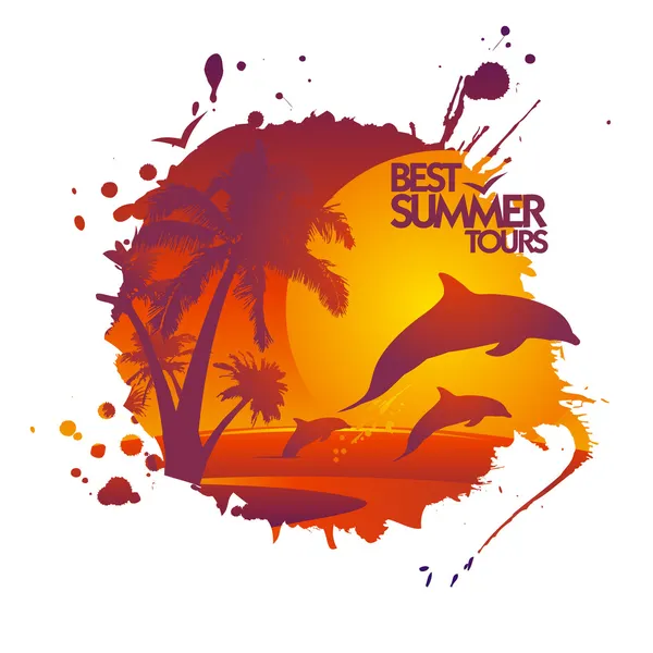 Legjobb nyári túrák design delfinek naplementekor. — Stock Vector