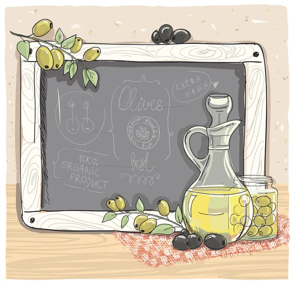 Olive und eine Flasche Olivenöl mit Kreidebrett. — Stockvektor