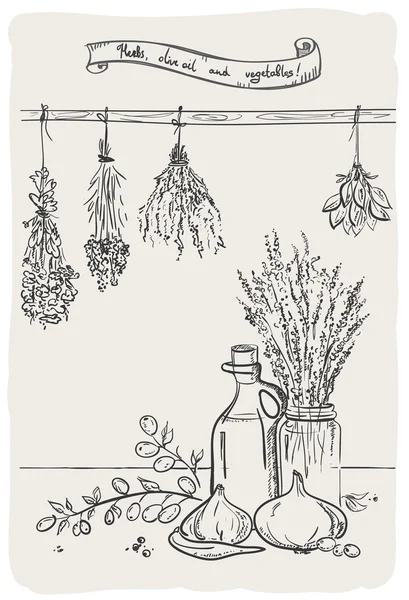 Nature morte graphique aux herbes et à l'huile d'olive . — Image vectorielle