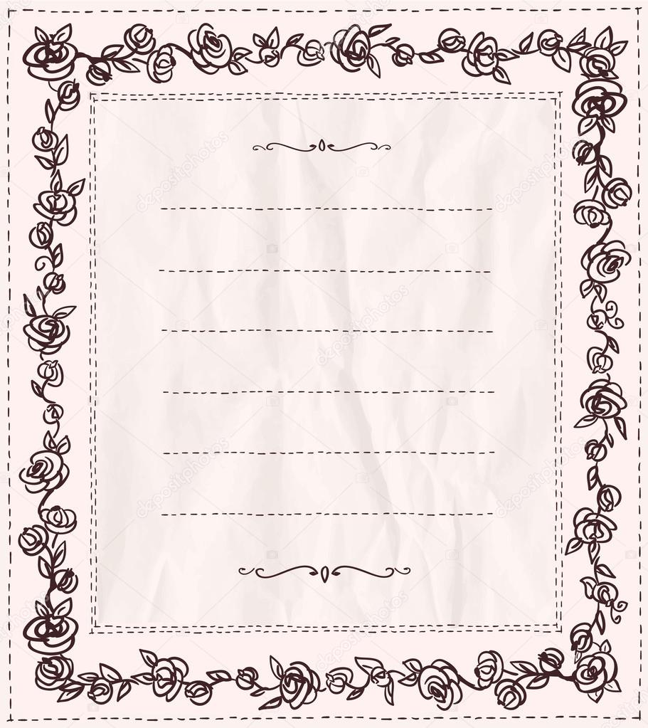 Handdrawn doodle frame with roses.