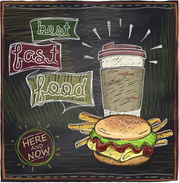 Conception de tableau noir avec hamburger, frites et café . — Image vectorielle