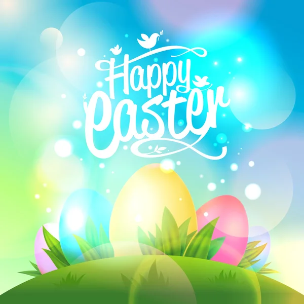 Happy Easter design with eggs and bokeh lights. — Stock Vector