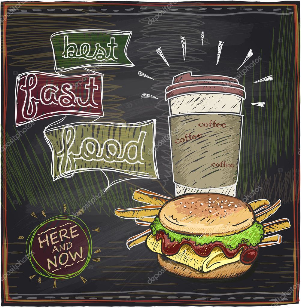 Chalkboard design with hamburger, french fries and coffee. Stock Vector