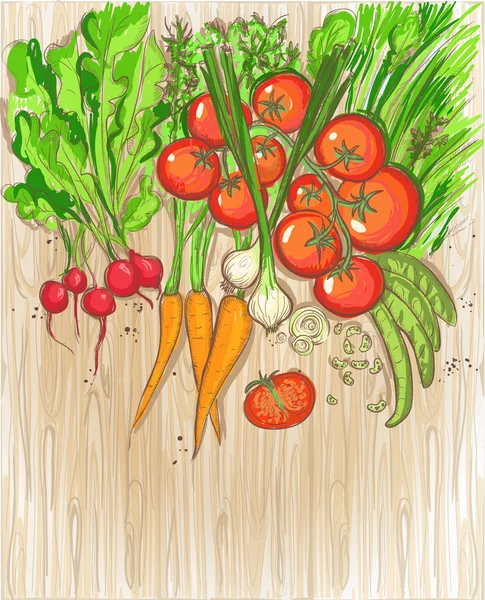 Organic vegetables on a wooden background — Stock Vector