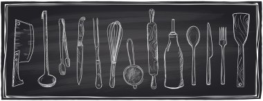 Hand drawn set of kitchen utensils on a chalkboard. clipart