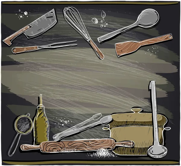 Design with kitchen utensils on a chalkboard. — Stock Vector