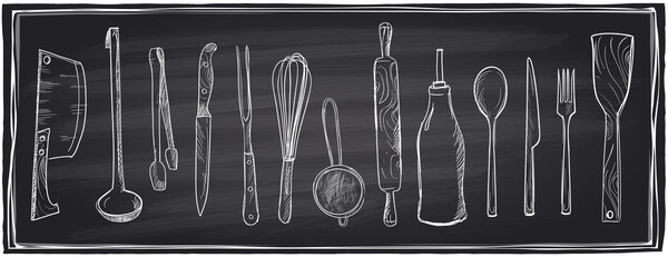 Hand drawn set of kitchen utensils on a chalkboard.