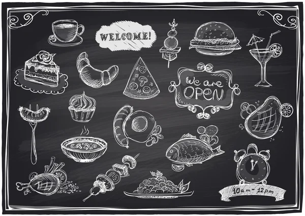 Hand drawn assorted food and drinks graphic. — Stock Illustration Hand drawn assorted food and drinks graphic. Vector Graphics