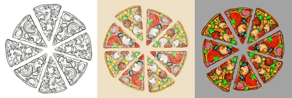 Pizzas Grafisches Illustrationsset Vektor Attrappe Schwarz Weiß Grafik Und Farbige — Stockvektor