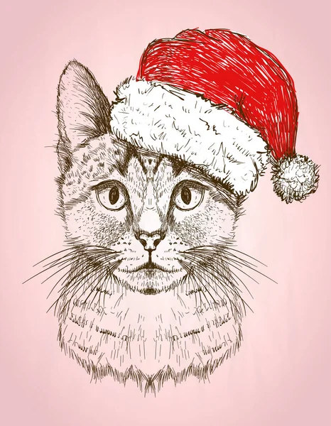 Grafisk Katt Porträtt Klädd Cristmas Santa Hatt Nyårskort — Stock vektor