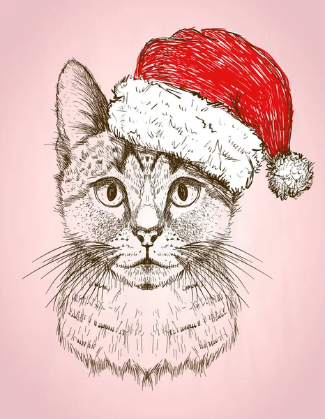 Grafica Ritratto Del Gatto Vestito Cappello Babbo Natale Cristallo Carta — Vettoriale Stock