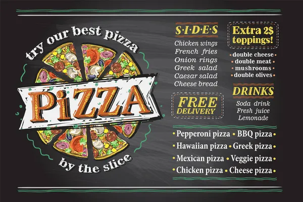 比萨菜单列表黑板向量模型与文字和比萨片的位置 老式粉笔风格的插图 — 图库矢量图片