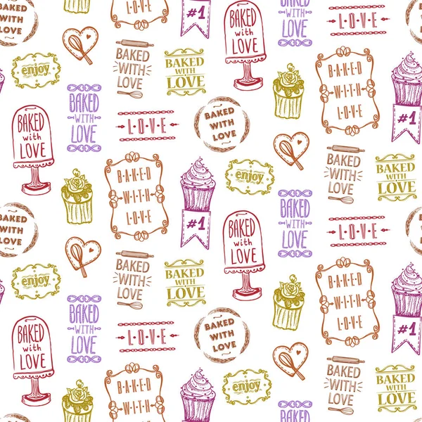 Baked Love Pattern Backdrop Vector Hand Drawn Elements Symbols Different — Stock Vector