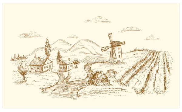 Ländliche Landschaft Grafische Handgezeichnete Illustration — Stockvektor