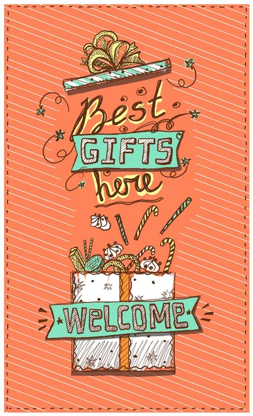 Best Gifts Here Welcome Vector Christmas Holiday Banner Illustration Hand — Stock Vector