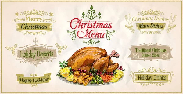 伝統的なロースト七面鳥や他の料理とクリスマスメニューボード クリスマスの休日のデザートや休日のドリンクレタリングの看板セット — ストックベクタ