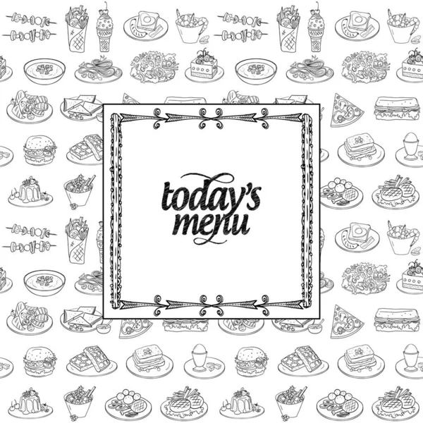 今天的菜单覆盖了设计模板 背景上有快餐菜肴符号图案 黑白图形矢量图解 — 图库矢量图片