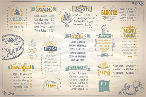 Diseño Vectores Menú Papel Maqueta Para Cafetería Restaurante Entrantes Principales — Archivo Imágenes Vectoriales