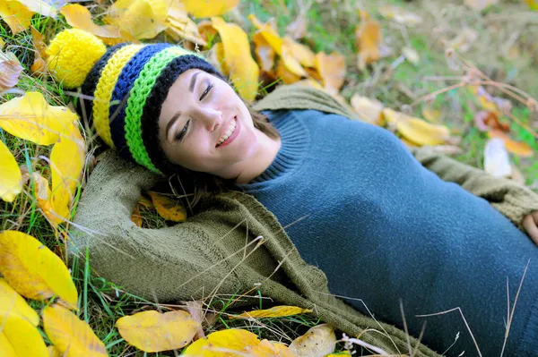 Young Smiling Woman Portrait Have Rest Outdoor Autumn City Park — Stock Photo, Image