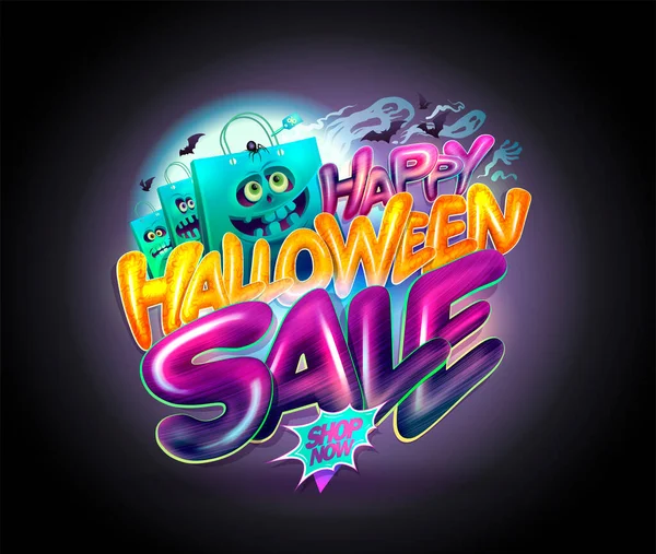 Happy Halloween Verkoop Web Banner Vector Template Met Grappige Shopper — Stockvector