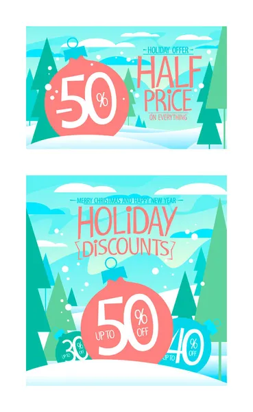 Half Price Holiday Discounts Percents Christmas Sale Offer Vector Web — Stock Vector