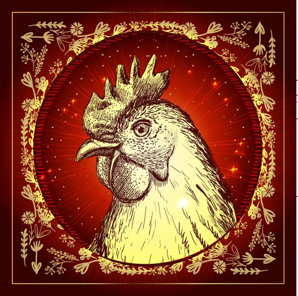 Портретна Листівка Hen Головою Птахів Золотому Колі Квітами Листям — стоковий вектор