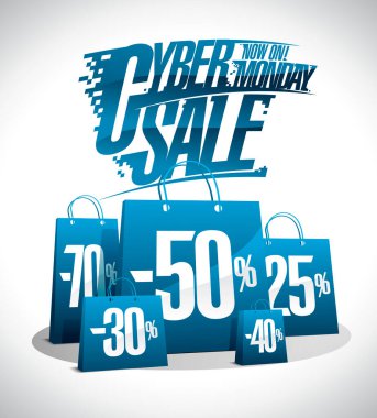 Siber pazartesi süper indirimli web pankartı tasarımı mavi alışveriş torbalarıyla modelleme