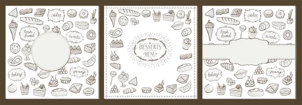 Desserts Baked Goods Cards Menus Set Doodle Style Hand Drawn — Stock Vector