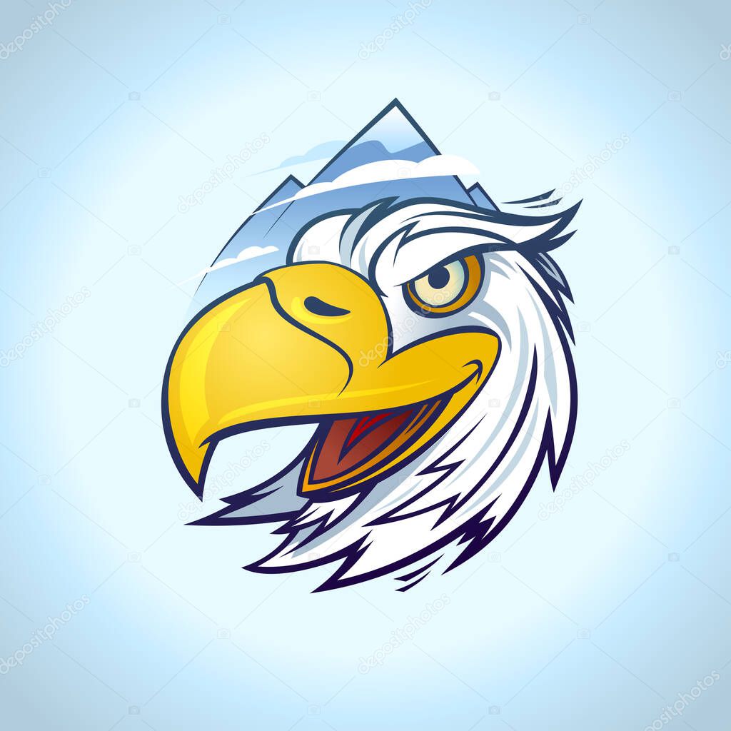 White eagle logo portrait against moutains, vector infographic pictogram, tee print