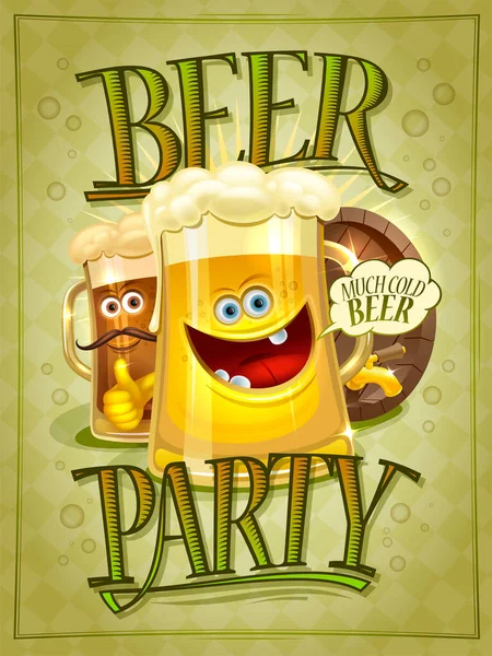 Bier Party Poster Oder Banner Vektor Design Vorlage Mit Cartoon — Stockvektor