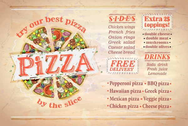 比萨菜单列表 板子或传单矢量模型 附有文字和比萨片的图解 背景为老式风格的纸 — 图库矢量图片