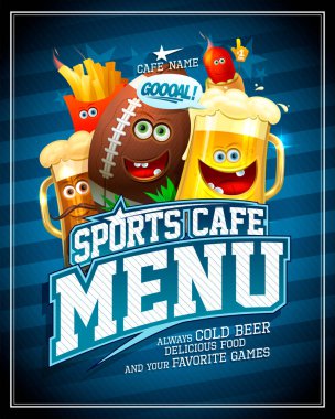 Spor kafe menü kapağı vektör tasarım şablonu karikatür ragbi topu, fast food komik yemek karakterleri ve bira kupaları