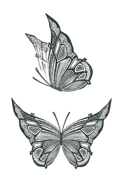 Deux Papillons Dessinés Main Art Noir Blanc Tatouage Style Vectoriel — Image vectorielle