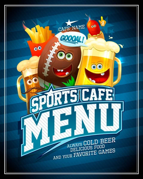 Sportovní Kavárna Menu Pokrýt Vektor Design Šablony Karikaturou Rugby Míč — Stockový vektor