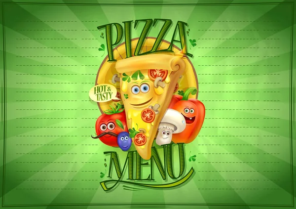 Pizza Menu Lijst Met Cartoon Stijl Grappige Pizza Groenten Kinderen — Stockvector