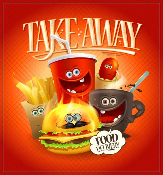 Zabrać Jedzenie Jedzenie Wektor Plakat Zabawnych Osobistości Żywności Burger Napój — Wektor stockowy