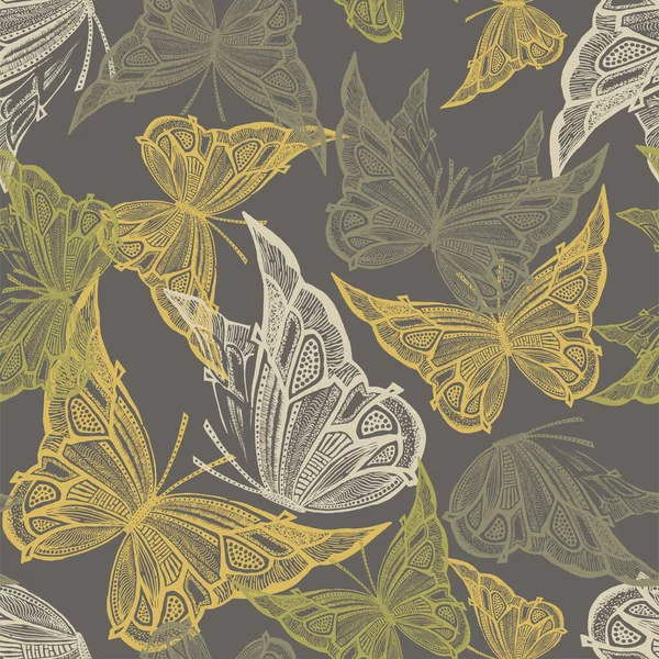 Seamless Pattern Flying Butterflies Hand Drawn Art Graphic Style Vector — Stock vektor