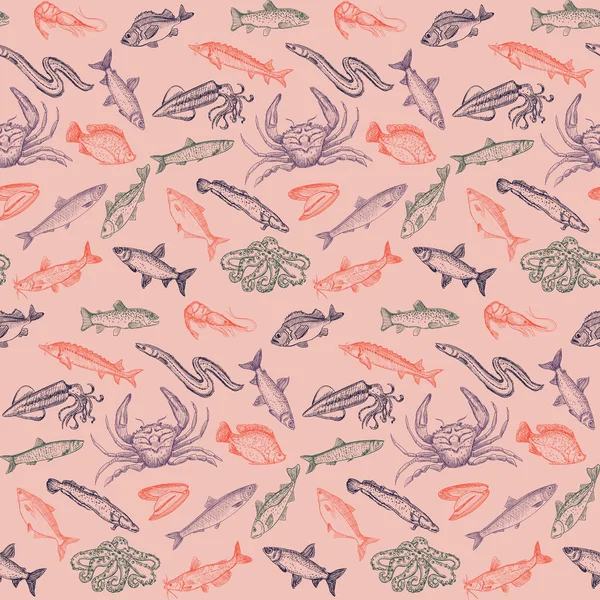 Graphic Seamless Pattern Fish Seafood Elements Vector Sketch Style Hand — Stockvektor