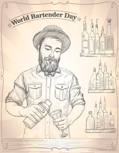 World Bartender Day Card Hand Drawn Graphic Vector Illustration Male — Vetor de Stock