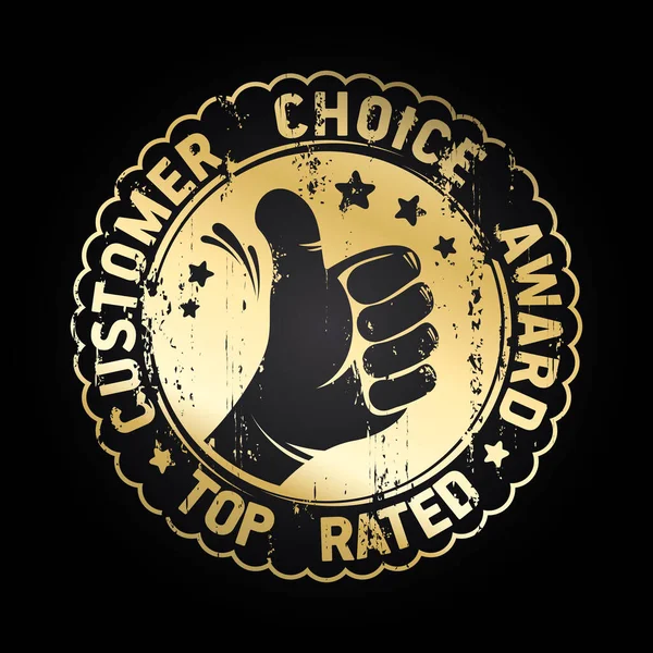 手の親指を持つ顧客選択賞のエンブレム トップ評価のゴールデンベクトルスタンプ — ストックベクタ