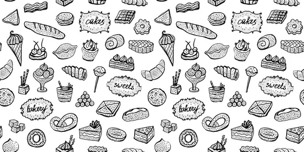 Naadloze Zwart Wit Grafische Patroon Met Desserts Gebakken Goederen Doodle — Stockvector