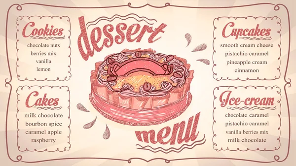 Modello Lista Menu Dessert Con Cupcake Torte Gelati Biscotti Lettering — Vettoriale Stock