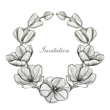 Davetiye kartı siyah beyaz grafik şablonu ile sanat çerçevesi dekore nazik çiçekler, el çizimi taslak biçim illüstrasyon