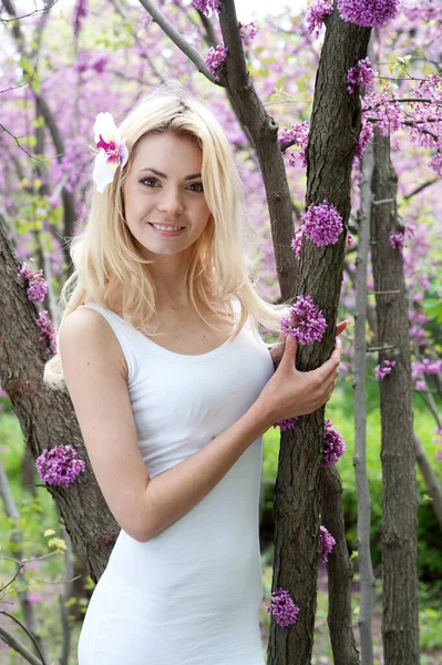 Young Woman Blonde Hair Posing Spring Garden Dressed Cute Casual Stock Photo