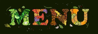 Vejetaryen menüsünde tebeşir stili şablon tasarımı. İçinde çeşitli sebzeler, meyveler ve fındıklar var. El çizimi grafik vektör çizimi, sağlıklı beslenme konsepti