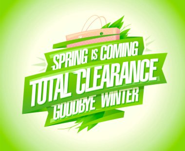 Bahar geliyor. Web afişi tasarımı modeli. Yeşil kurdeleli kış temizleme posteri.