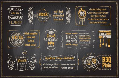 Barbekü menüsü karatahta şablonu, barbekü sembolleri ve tabaklar içeren menü tahtası, kafe veya restoran için karatahta ızgara menü görüntüsü