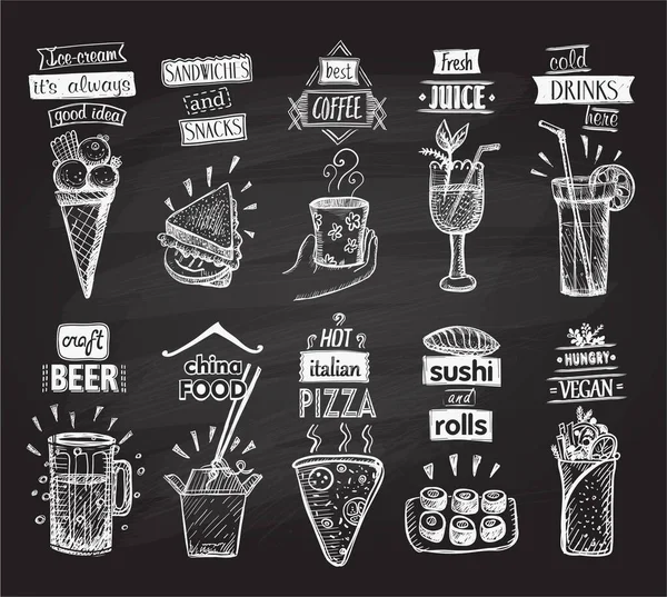 Dondurma, taze meyve suyu, sandviçler, soğuk içecekler, el yapımı bira, Çin yemeği, İtalyan pizzası, suşi ve ekmekler, aç vejetaryen - karatahta zeminli vektör menü sembolleri koleksiyonu