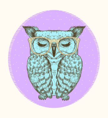 Baykuş sembolü, gözlük takmış uyuyan baykuş, elle çizilmiş grafik vektör çizimi